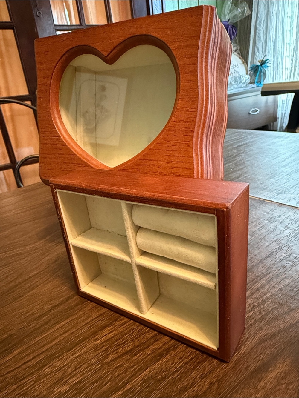 Wooden Heart Trinket Organizer in Warm Brown, Heart Shaped Cutout